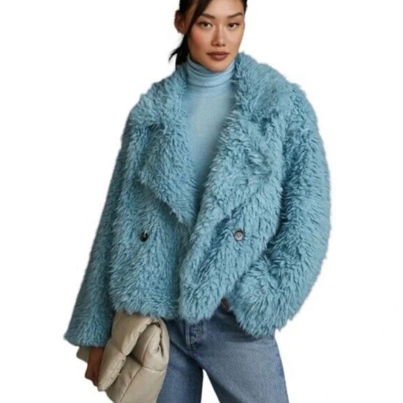 Glam Anthropologie-Faux Fur Jacket in a beautiful blue.Size M but is oversized. - Picture 3 of 12